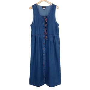 Vintage Truly Yours Long Blue Denim Sleeveless Dress Red Plaid Trim Size 14